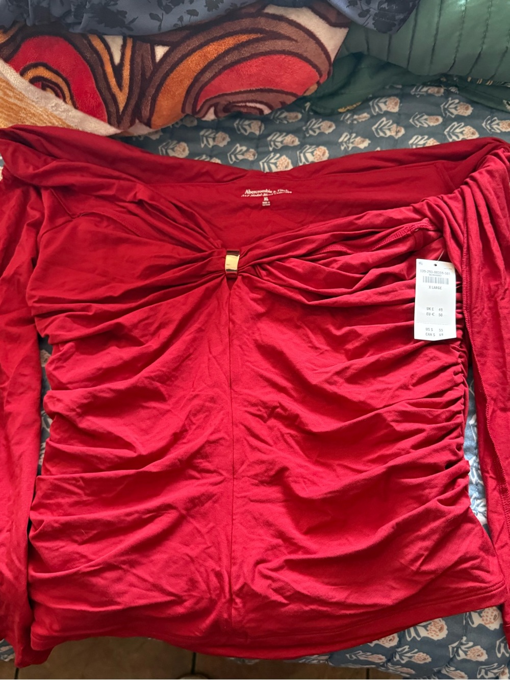 Abercrombie & Fitch Red Long-Sleeve Ruched Top with Gold Accent